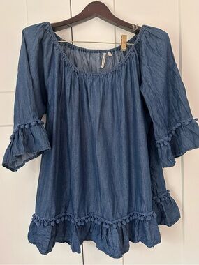 grand & greene Indigo Blue Pom-Pom Peasant Tunic 2X